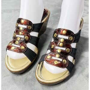 Lalla Sandals Womens Size 9 Black Wedge Slide Studded Animal Print Strappy